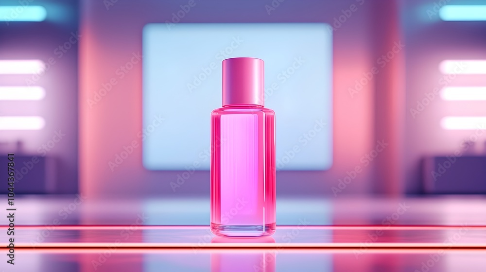 Levitating Pink Cosmetic Bottle in Holographic Beauty Editor Studio Setup Levitating Pink Cosmetic Bottle in Holographic Beauty Editor Studio Setup