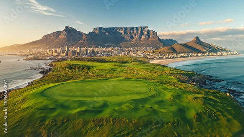 Aerial View of Golf Course in Cape Town, South Africa, Table Mountain, Lion's Head, green, fairway, drone