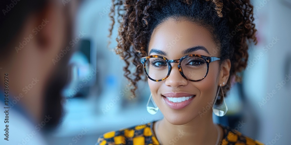 Portrait of a Smiling Woman with Curly Hair Wearing Glasses Portrait of a Smiling Woman with Curly Hair Wearing Glasses