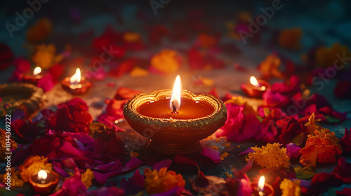 Decorative clay lamps surrounded by colorful flower petals during Diwali celebrations at night