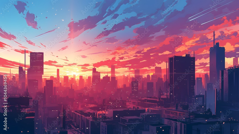 Fototapeta premium modern city skyline silhouetted against a vibrant sunset, with glowing lights beginning to dot the buildings, perfect for an urban-themed wallpaper.