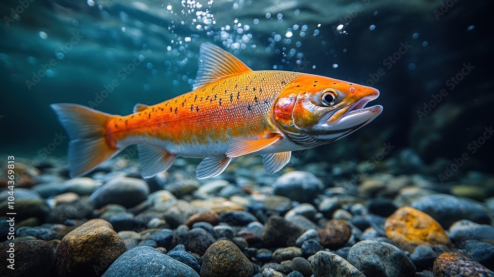 Naklejka premium A vibrant orange fish swimming among pebbles underwater.