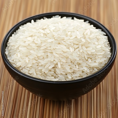 A bowl filled with uncooked white rice on a wooden surface.