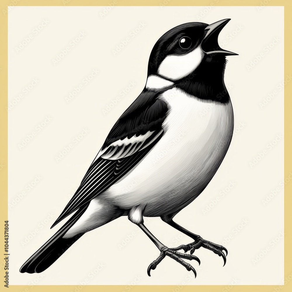 Obraz premium A detailed illustration of a singing bird with distinct black and white markings.