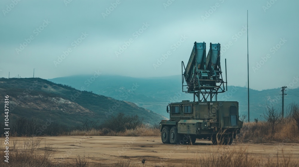 Fototapeta premium A military vehicle with missile launchers is positioned on a barren landscape.