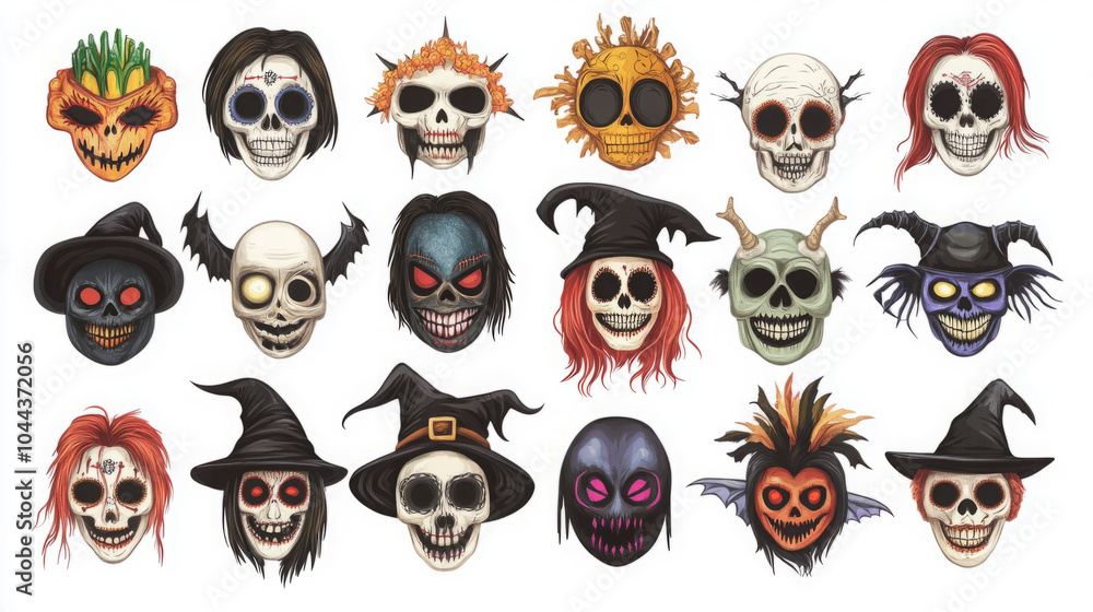 Fototapeta premium A colorful collection of spooky, artistic skull illustrations for Halloween.