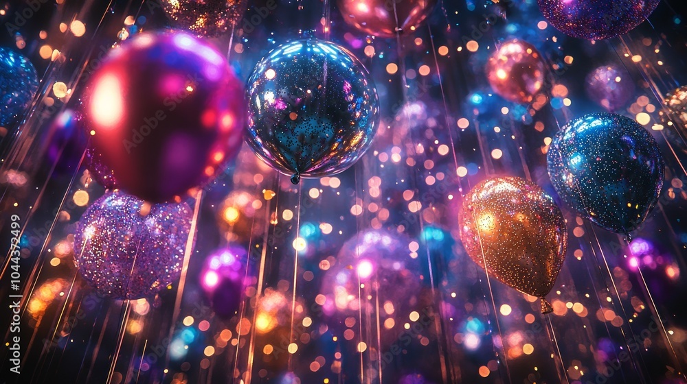 Obraz premium Surreal Scene with Colorful Balloons and Bokeh Lights