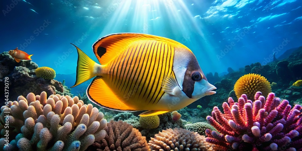 Fototapeta premium A Vibrant Underwater Paradise with a Striking Yellow and Black Striped Fish Swimming Through a Colorful Coral Reef