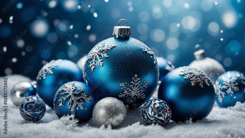 A stunning winter wonderland with a blue Christmas background, adorned with delicate snowflakes and sparkling Christmas balls. Generative AI A stunning winter wonderland with a blue Christmas background, adorned with delicate snowflakes and sparkling Christmas balls. Generative AI