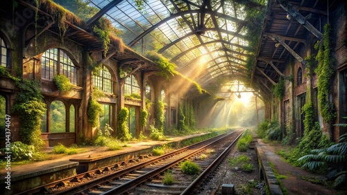 Sunbeams filtering through the overgrown remnants of a forgotten train station, a testament to the enduring power of nature