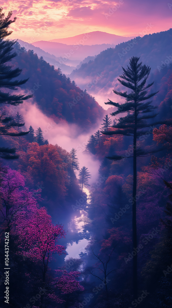 Obraz premium Breathtaking Mountain Valley at Sunset: Mist, River Reflections & Colorful Autumn Foliage
