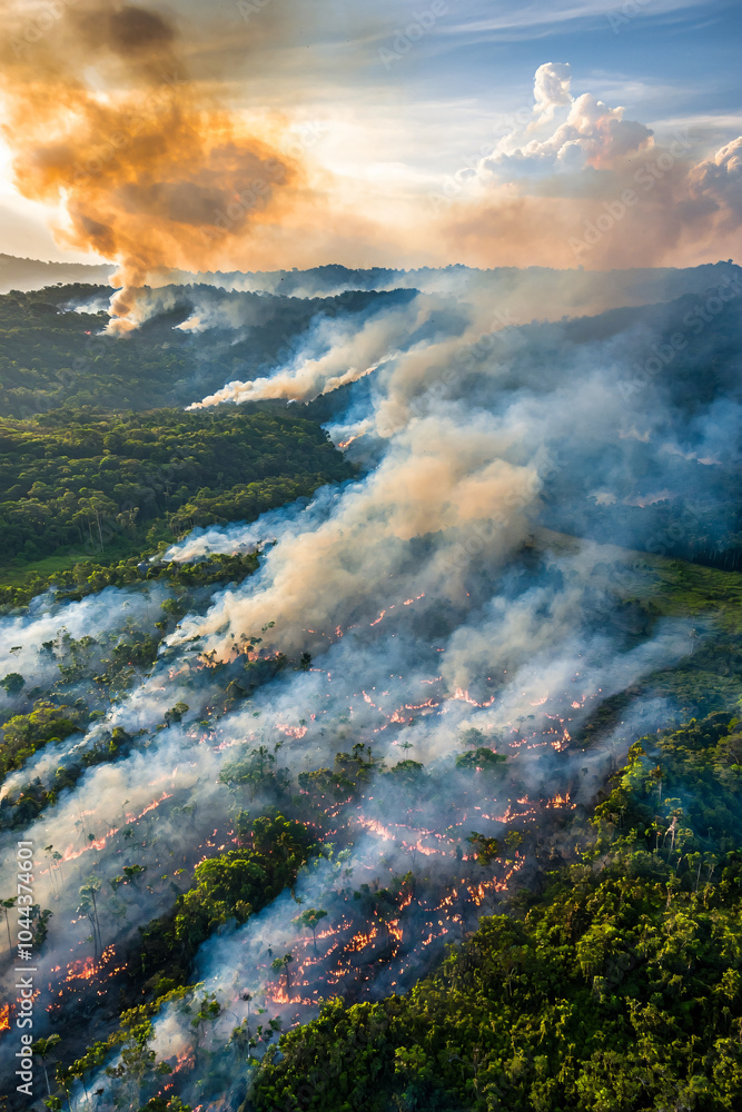 Fototapeta premium aerial view of forest fire progression, smoke columns, dramatic scale