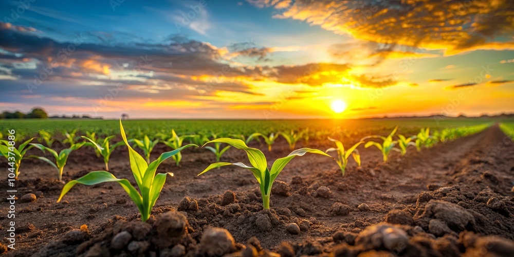Young Green Shoots Emerge From the Soil, Bathed in the Golden Glow of a Setting Sun Young Green Shoots Emerge From the Soil, Bathed in the Golden Glow of a Setting Sun