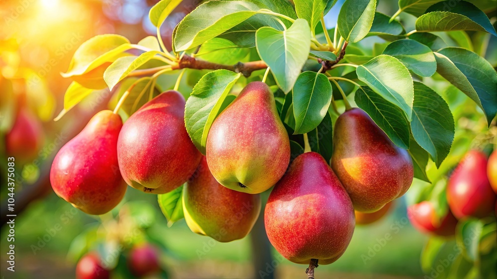 Obraz premium Sun-kissed Ripe Pears Hanging on a Branch, Their Skin Glowing with a Warm Red Hue, Reflecting the Golden Light of the Morning Sun