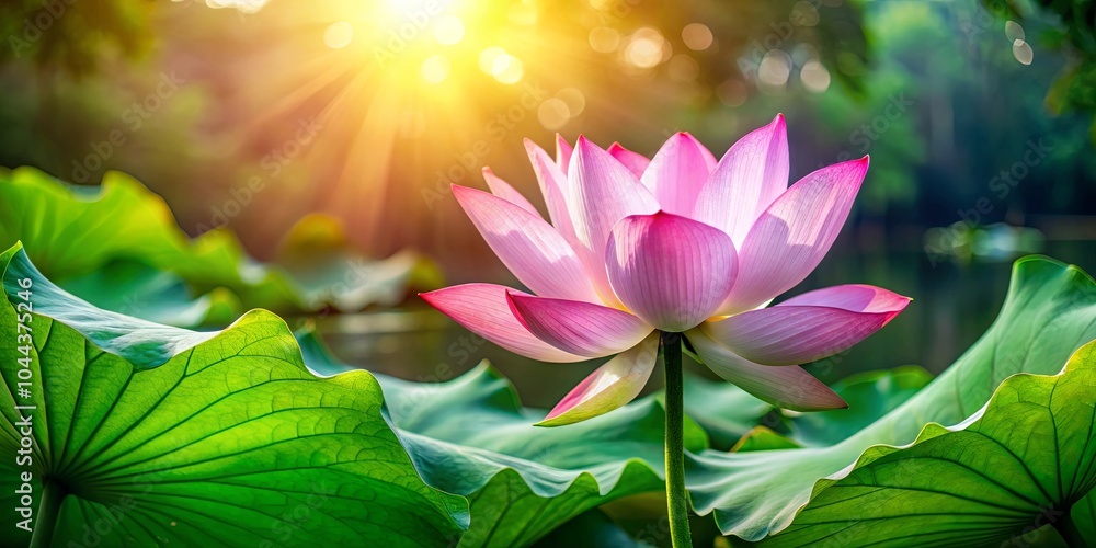 A Delicate Pink Lotus Blossom Bathed in the Golden Light of the Setting Sun, Nestled Amongst Lush Green Leaves A Delicate Pink Lotus Blossom Bathed in the Golden Light of the Setting Sun, Nestled Amongst Lush Green Leaves