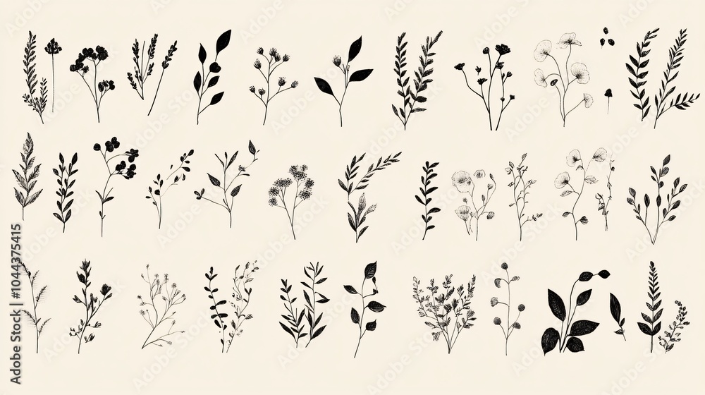Hand Drawn Floral Elements Collection - Black Silhouettes of Flowers and Leaves Hand Drawn Floral Elements Collection - Black Silhouettes of Flowers and Leaves