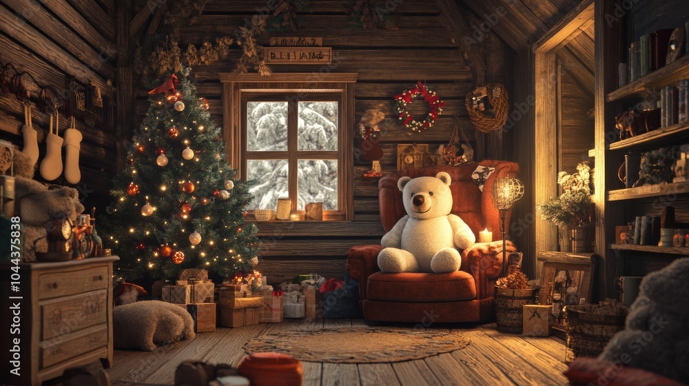 An empty scene featuring blank mockup template (a cozy wooden cabin with bear-themed decor), creating an ideal product mockup space, An empty scene featuring blank mockup template (a cozy wooden cabin with bear-themed decor), creating an ideal product mockup space,