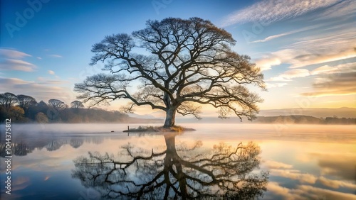 A solitary tree stands tall amidst a tranquil fog-covered lake, its reflection mirroring the serene beauty of the early morning sky.