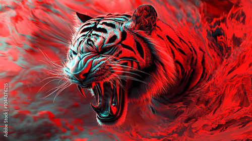 Fierce Roaring Tiger in Dynamic Red Abstract 3D Art