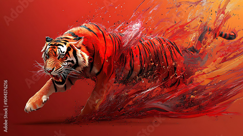 Dynamic Tiger Roaring and Leaping in Fiery Abstract Colors