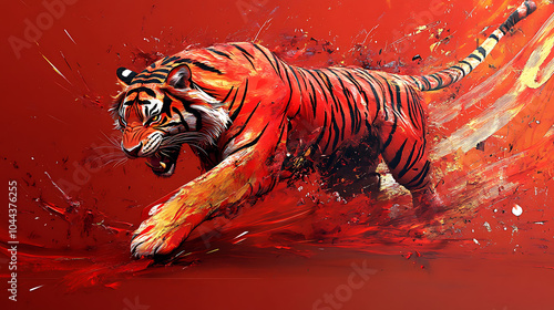 Dynamic Tiger Roaring in Vibrant Red Abstract Background