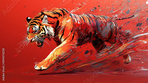 Dynamic Tiger Roaring in Vibrant Red Abstract Art