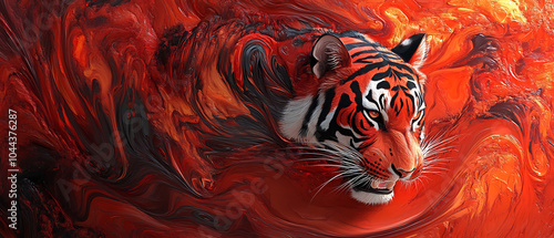 Dynamic 3D Abstract Tiger Amidst Vibrant Red Swirling Art