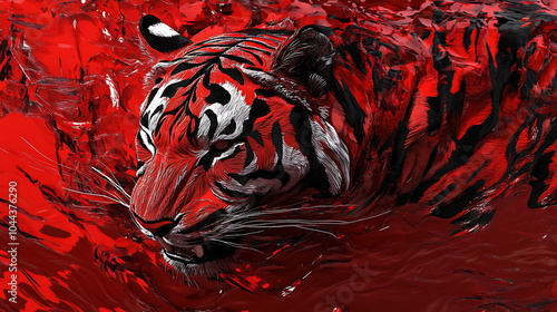 Majestic Tiger in Vibrant Red Abstract 3D Art Design