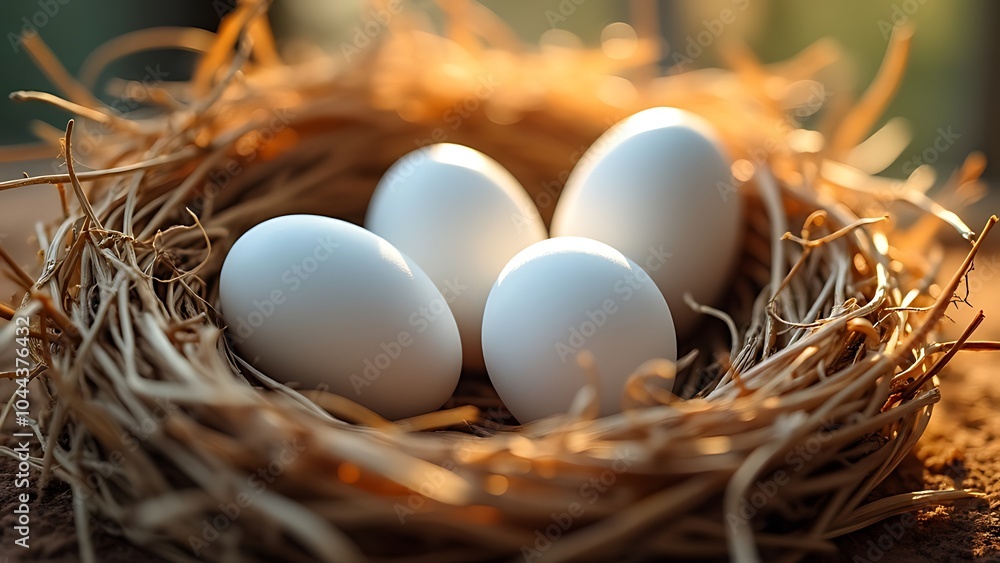 White chicken eggs arranged in a nest of straw grass White chicken eggs arranged in a nest of straw grass