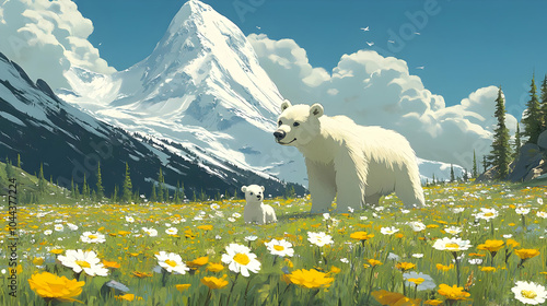 Polar Bear Family in a Flower Field Illustration