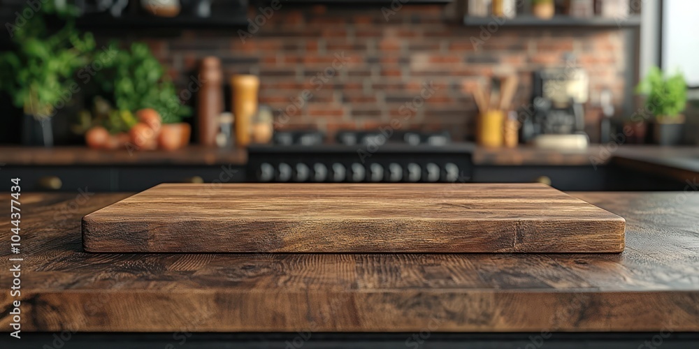 Wooden Cutting Board on Rustic Kitchen Counter Wooden Cutting Board on Rustic Kitchen Counter