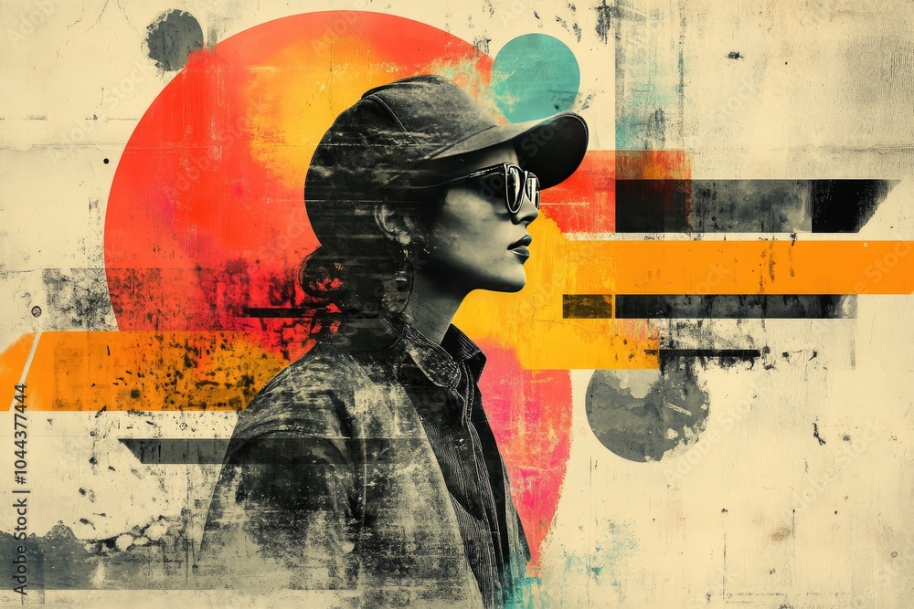 Fototapeta premium Futuristic Urban Art: Woman in Cap and Sunglasses with Abstract Geometric Background