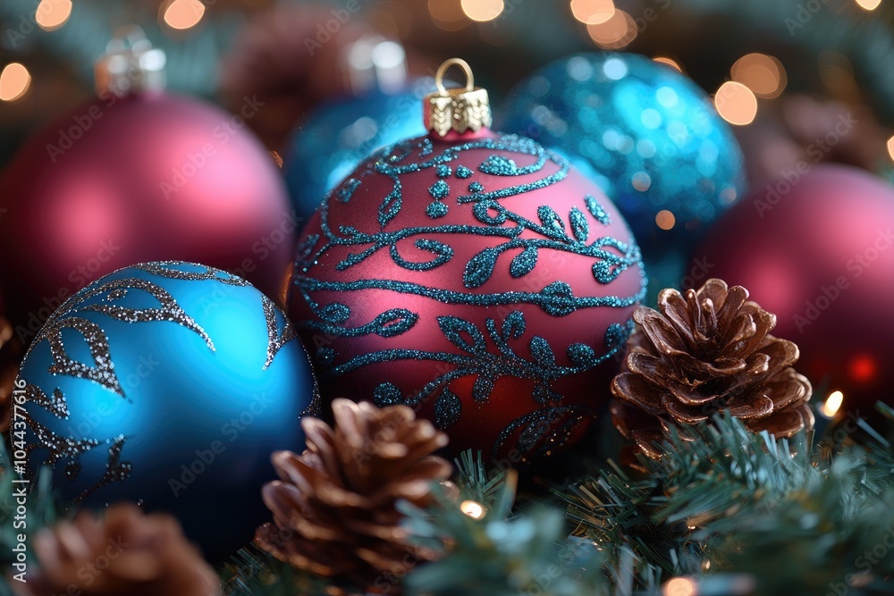 Festive Christmas Ornaments with Pinecones and Evergreen Branches Festive Christmas Ornaments with Pinecones and Evergreen Branches