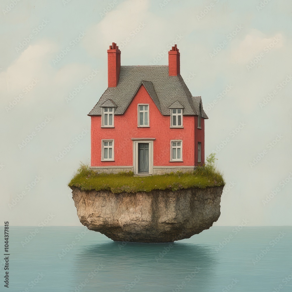A whimsical house floating on an island above water, evoking imagination. A whimsical house floating on an island above water, evoking imagination.