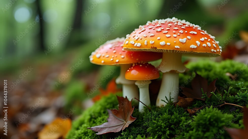 White and orange cap mushrooms growing in the woods White and orange cap mushrooms growing in the woods