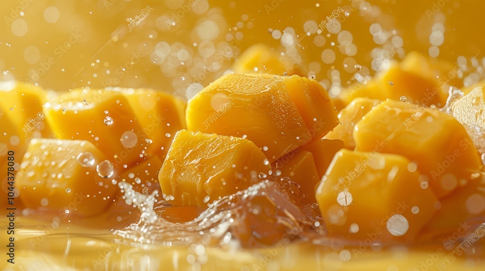 A vibrant panorama showcasing cut square mangoes with splashes against a pale yellow background, embodying a soft and dreamy punk style that reflects organic design and creative aesthetics. A vibrant panorama showcasing cut square mangoes with splashes against a pale yellow background, embodying a soft and dreamy punk style that reflects organic design and creative aesthetics.