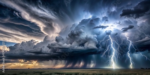 A Stormy Sky With Lightning Bolts Striking Through a Field of Grass