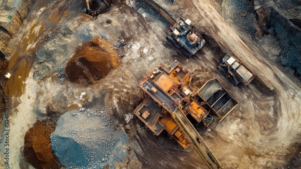 Aerial view of heavy machinery at a mining site with piles of materials. Aerial view of heavy machinery at a mining site with piles of materials.