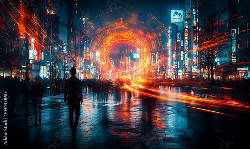 A lone figure walks through a bustling city at night, with a glowing portal in the distance.