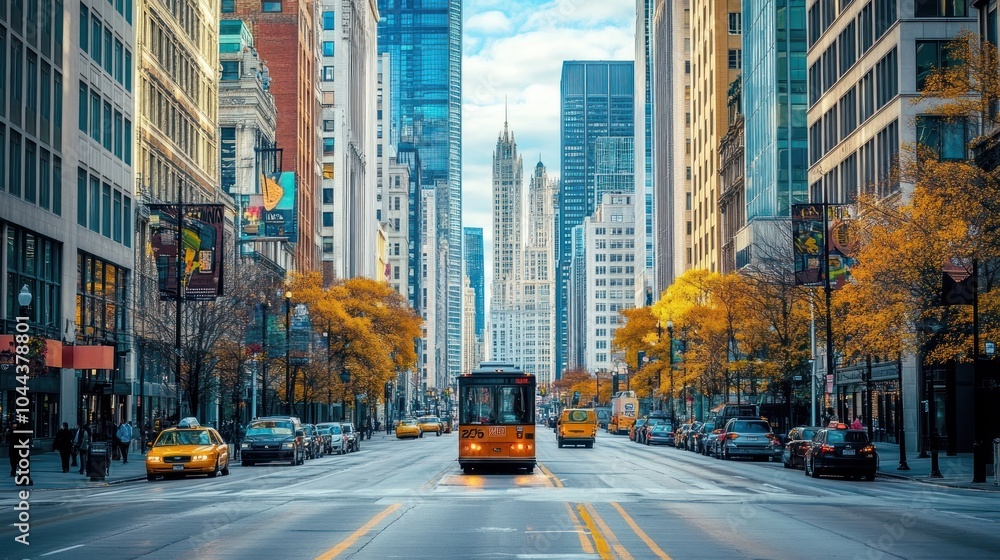 Obraz premium Urban street scene with a trolley, skyscrapers, and autumn foliage.