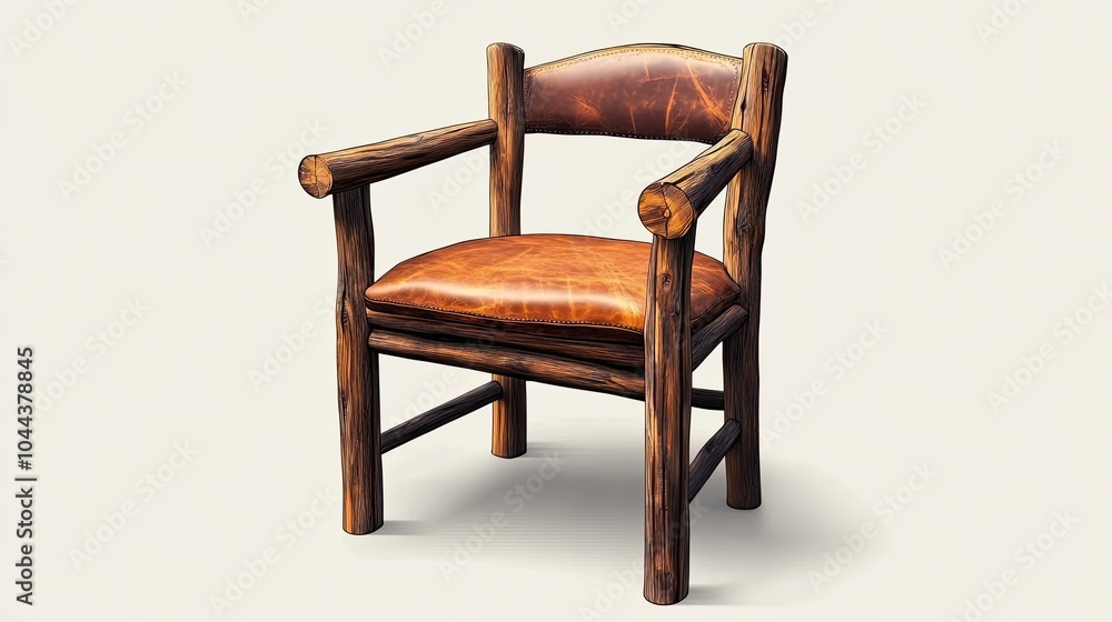 Rustic wooden chair with brown leather upholstery