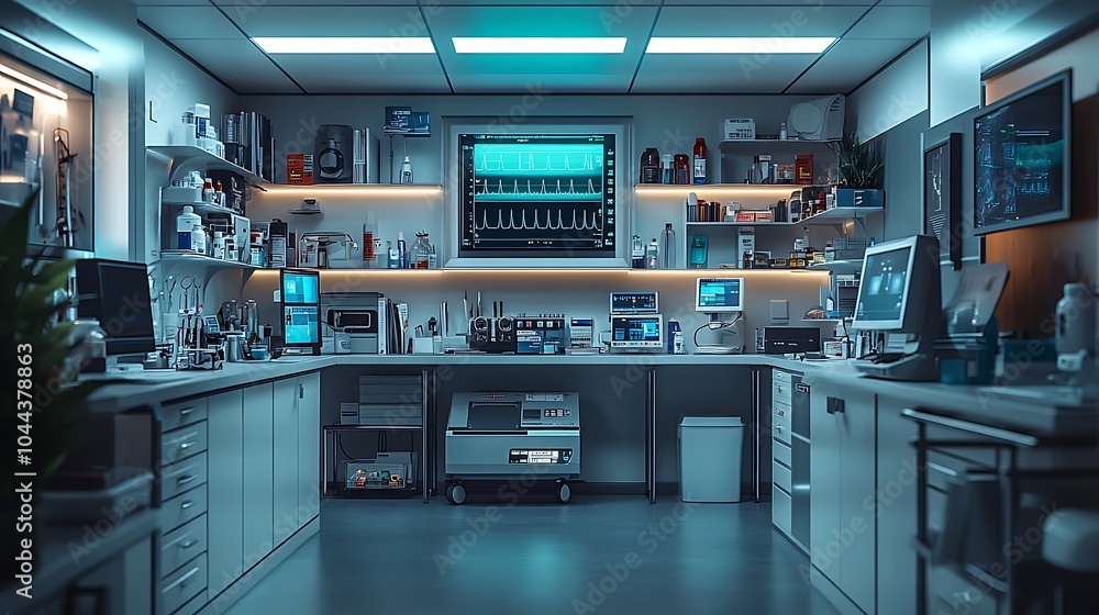 A modern, sterile laboratory with high-tech equipment and computers. A modern, sterile laboratory with high-tech equipment and computers.