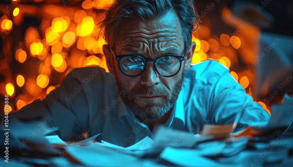 A Man in Glasses Struggling with Paperwork Under Orange Lights A Man in Glasses Struggling with Paperwork Under Orange Lights