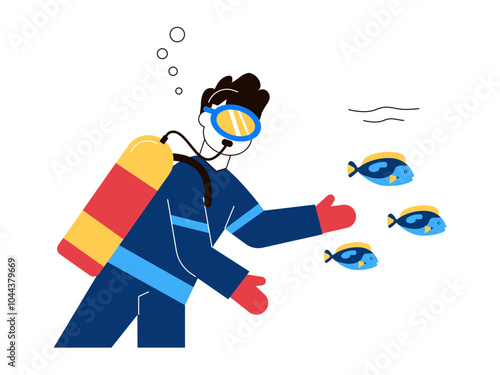 Diver diving into the deep sea with fish. Diving illustration. Flat vector illustration
