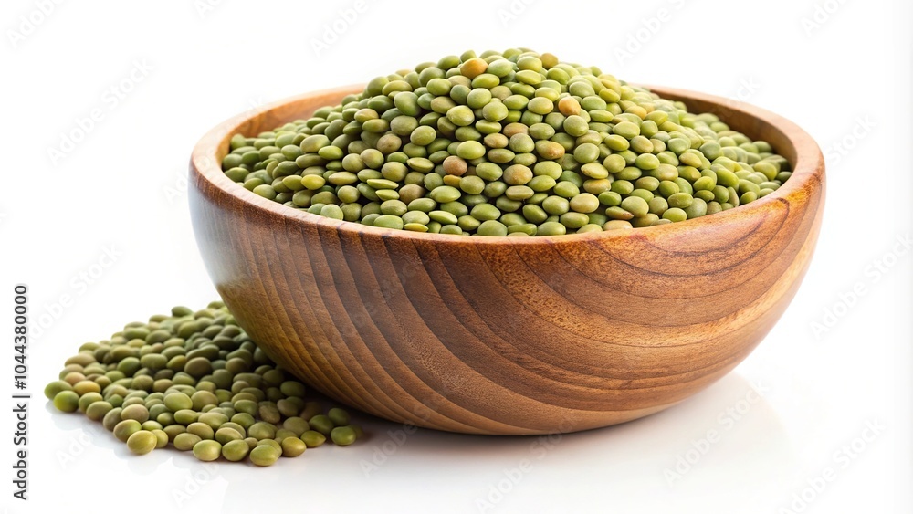 Raw green lentils in wooden bowl isolated on white background Raw green lentils in wooden bowl isolated on white background