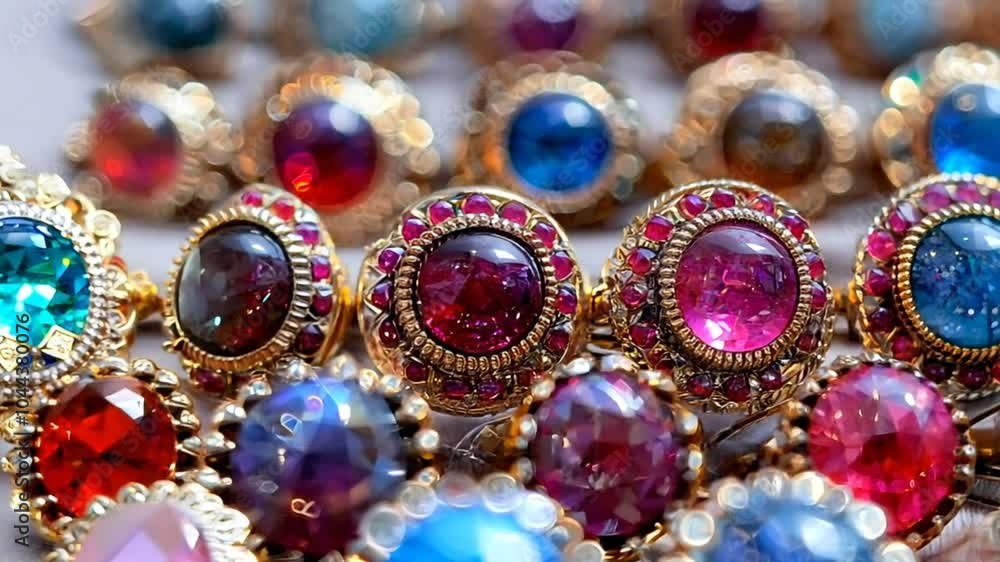 A stunning array of rings with intricate designs highlights various colorful gemstones. The bright hues create a captivating visual display of craftsmanship and artistry A stunning array of rings with intricate designs highlights various colorful gemstones. The bright hues create a captivating visual display of craftsmanship and artistry
