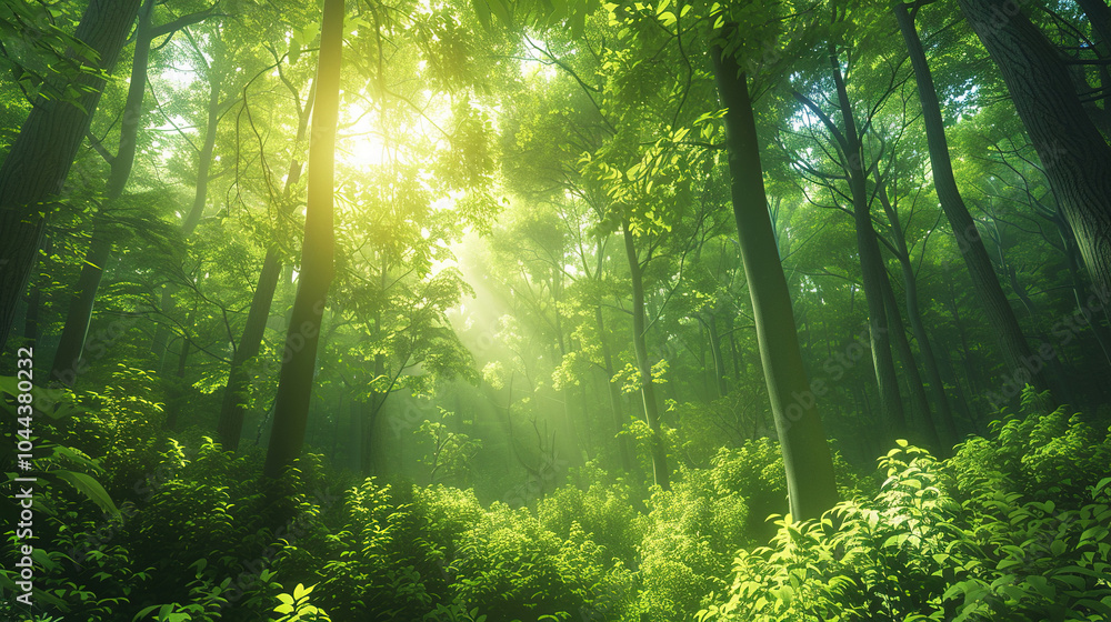 Obraz premium Forest view in tall trees and sunrise 