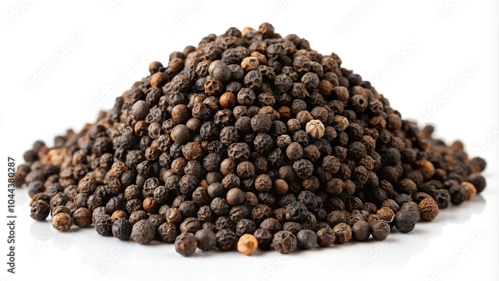 Black pepper grains isolated on white background in forced perspective Black pepper grains isolated on white background in forced perspective