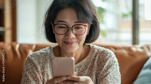 Presbyopia, Hyperopia mature, aged asian woman having vision problem trying to stare text on smart mobile phone screen on sofa at home, eye disease of elderly. Poor eyesight farsightedness concept. photo