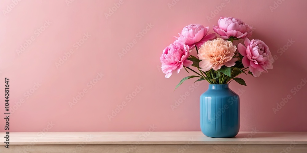Fototapeta premium A bouquet of pink flowers with delicate petals, arranged in a vibrant blue vase, rests on a wooden shelf against a soft pink backdrop.